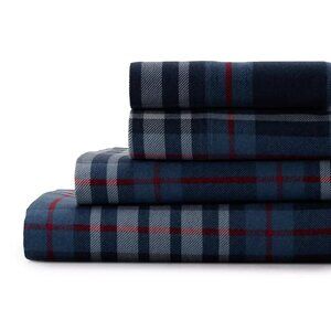 Cuddl Duds Full Sheet Set Heavyweight Flannel Navy Red Plaid Lodge Farmhouse NEW